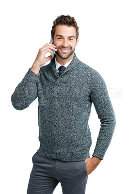 Buy stock photo Phone call, portrait or business man happy for loan review, finance or invest for success. Smile, communication or manager on smartphone for networking, b2b network or planning in white background