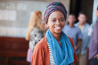 Buy stock photo Portrait of a university student on campus with her friends in the background