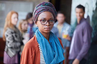 Buy stock photo Portrait of a university student on campus with her friends in the background