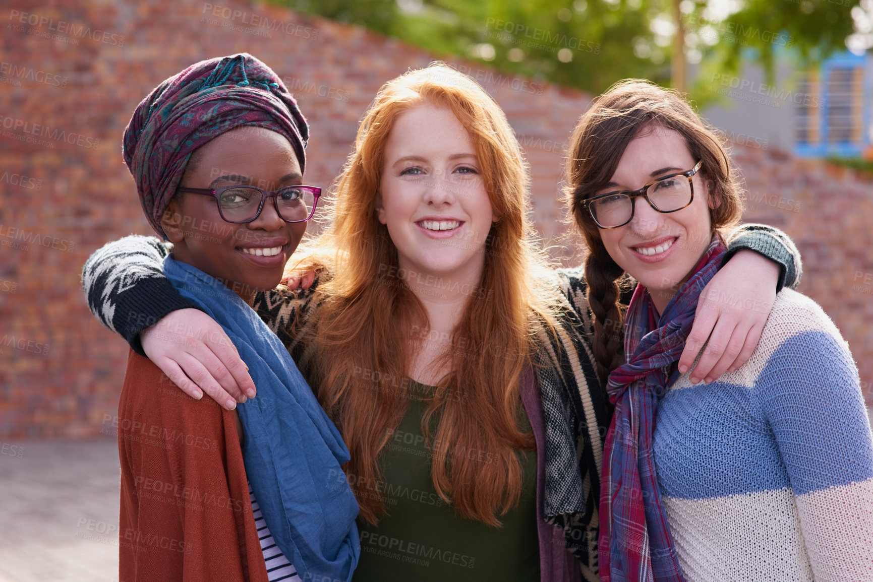 Buy stock photo Portrait of a group of university students on campus