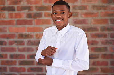 Buy stock photo Portrait of a young student standing in the university building