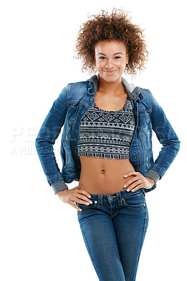 Buy stock photo Black woman, smile and standing isolated on a white background in casual fashion with hands on her hips. Portrait of a confident African American woman model, female or person wearing denim clothing