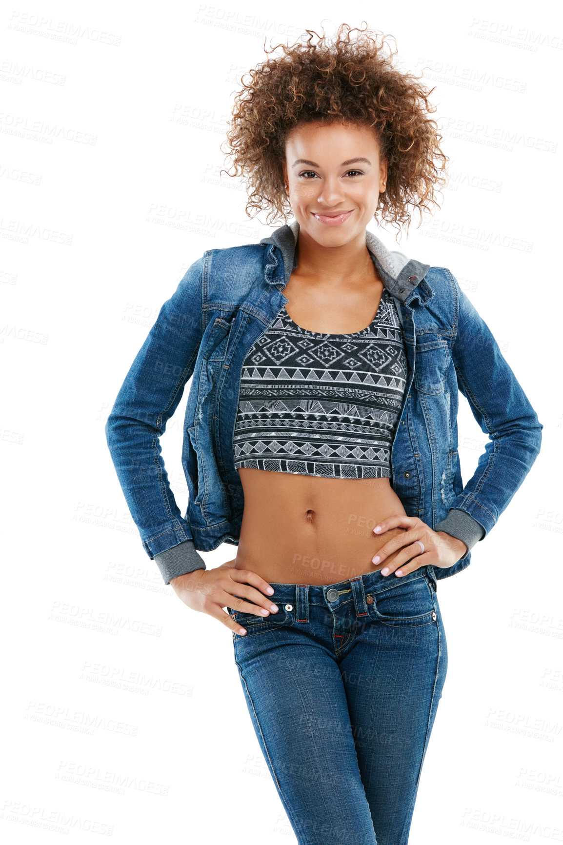 Buy stock photo Black woman, smile and standing isolated on a white background in casual fashion with hands on her hips. Portrait of a confident African American woman model, female or person wearing denim clothing