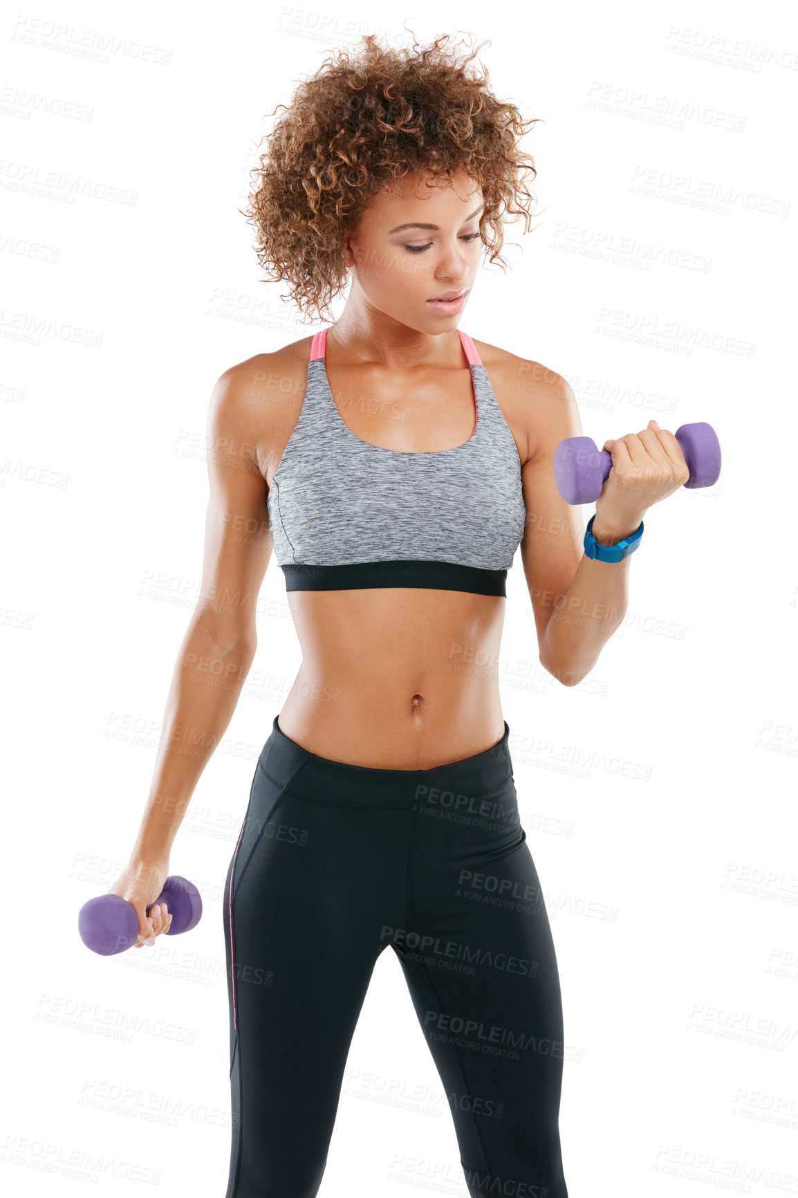 Buy stock photo Studio shot of a fit young woman lifting weights against a white background
