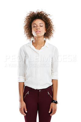 Buy stock photo Relax, mindset and black woman in studio for zen, meditation and breathing on white background. Peace, girl and corporate employee mediate before start of work, deep breathing and standing isolated