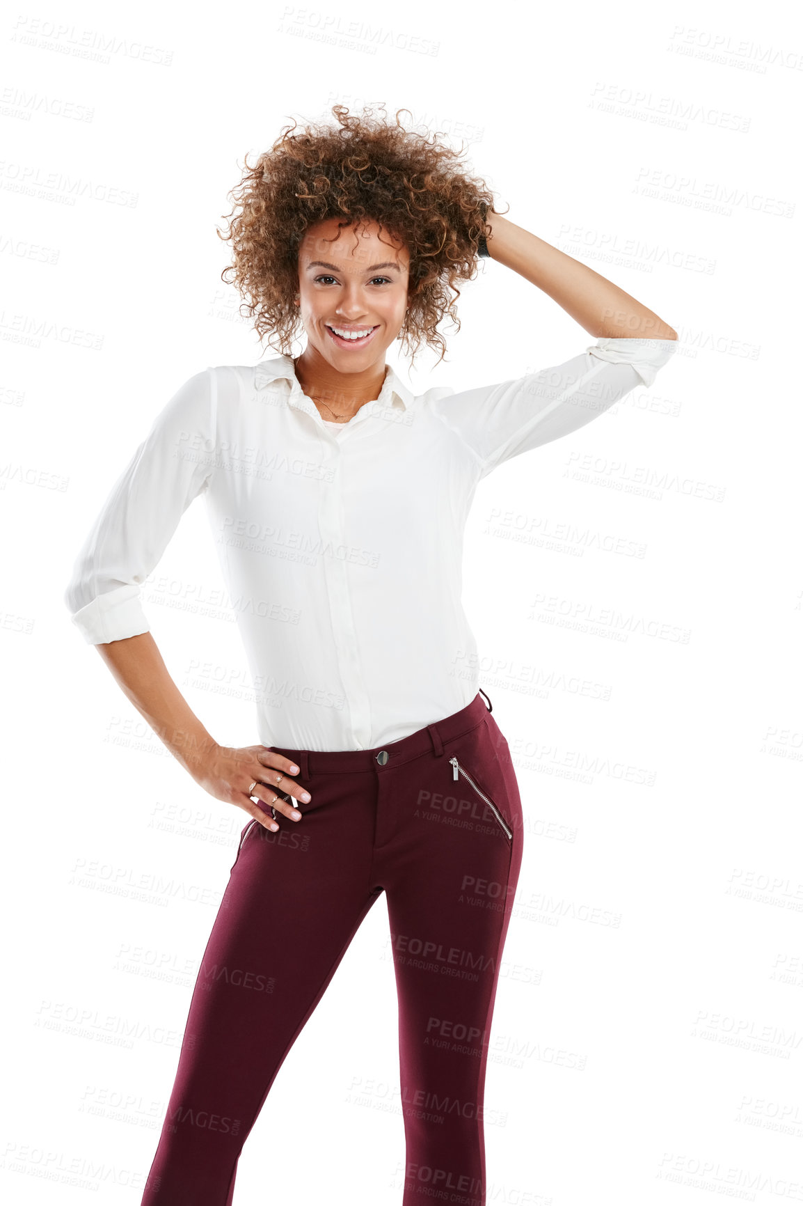 Buy stock photo Portrait, fashion and mock up with a model black woman in studio isolated on a white background for advertising. Marketing, branding and style with an attractive young female posing on blank space