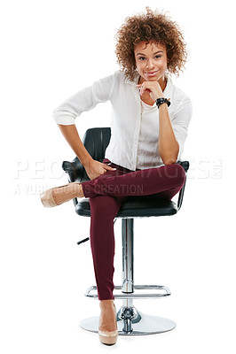 Buy stock photo Confident, happy and portrait of a black woman on a chair isolated on a white background in studio. Professional, young and beautiful, African and smiling girl sitting on a studio background