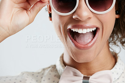 Buy stock photo Fashion, sunglasses and face of woman with smile on white background for summer, casual and trendy style. Creative, beauty and zoom of girl isolated in studio with cosmetics, makeup and confident