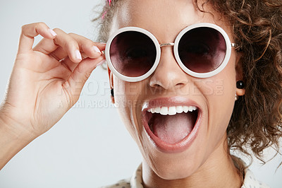 Buy stock photo Beauty, sunglasses and face of woman with smile on white background for summer, casual and trendy style. Creative, accessory and zoom of excited girl in studio with cosmetics, makeup and confidence