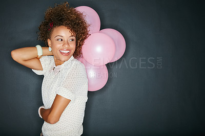 Buy stock photo Studio mock up, balloons and black woman celebrate happy event, a wow birthday or surprise celebration party. Marketing mockup, advertising promo space and student isolated on chalkboard background