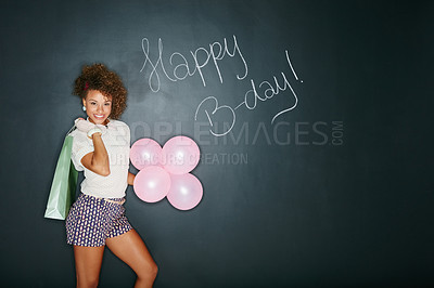 Buy stock photo African woman, balloons and happy birthday present for party fun, happiness and wow celebration. Young black woman, smile portrait and festive sign, event announcement and excited with gift in studio