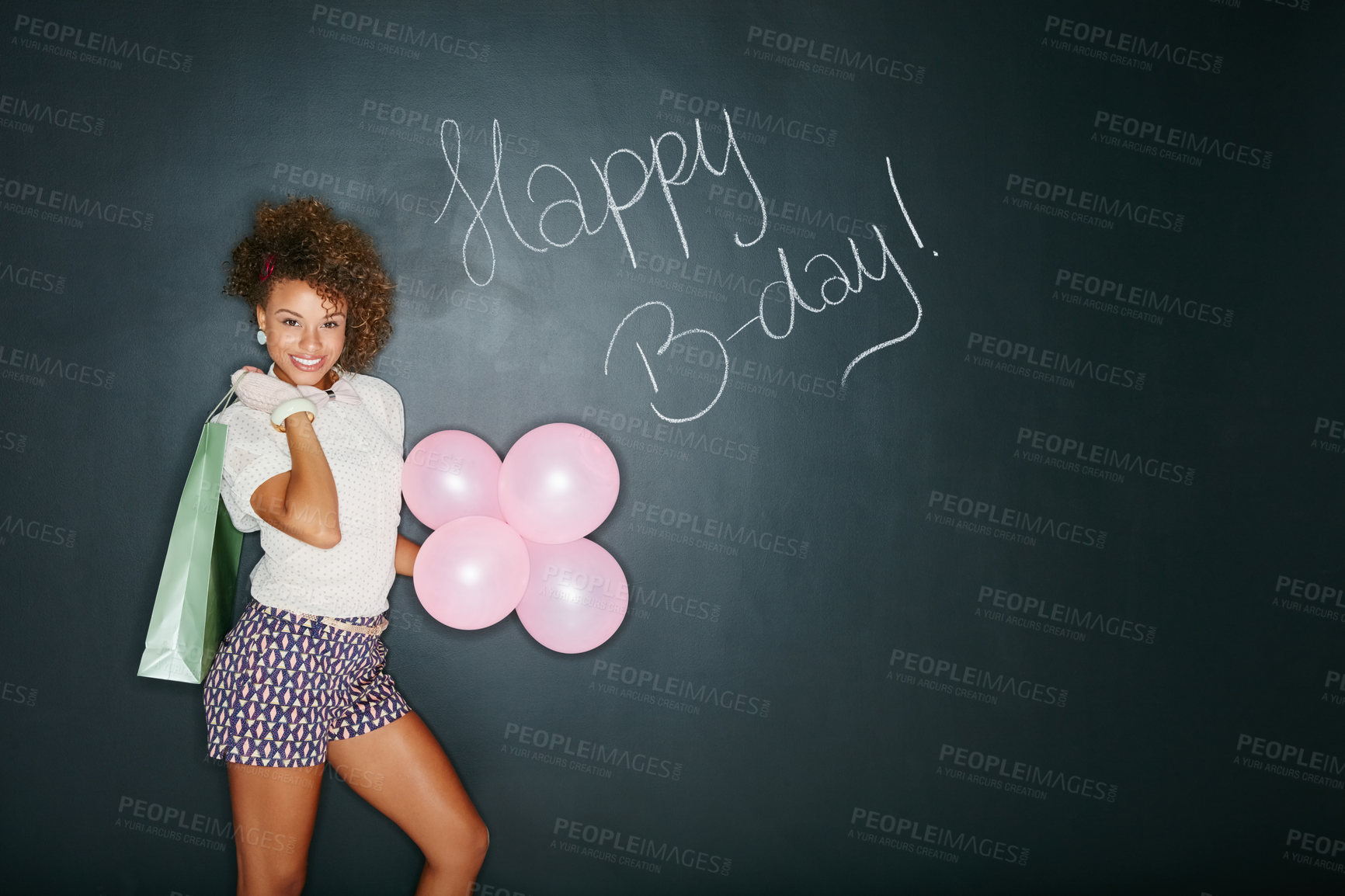 Buy stock photo African woman, balloons and happy birthday present for party fun, happiness and wow celebration. Young black woman, smile portrait and festive sign, event announcement and excited with gift in studio