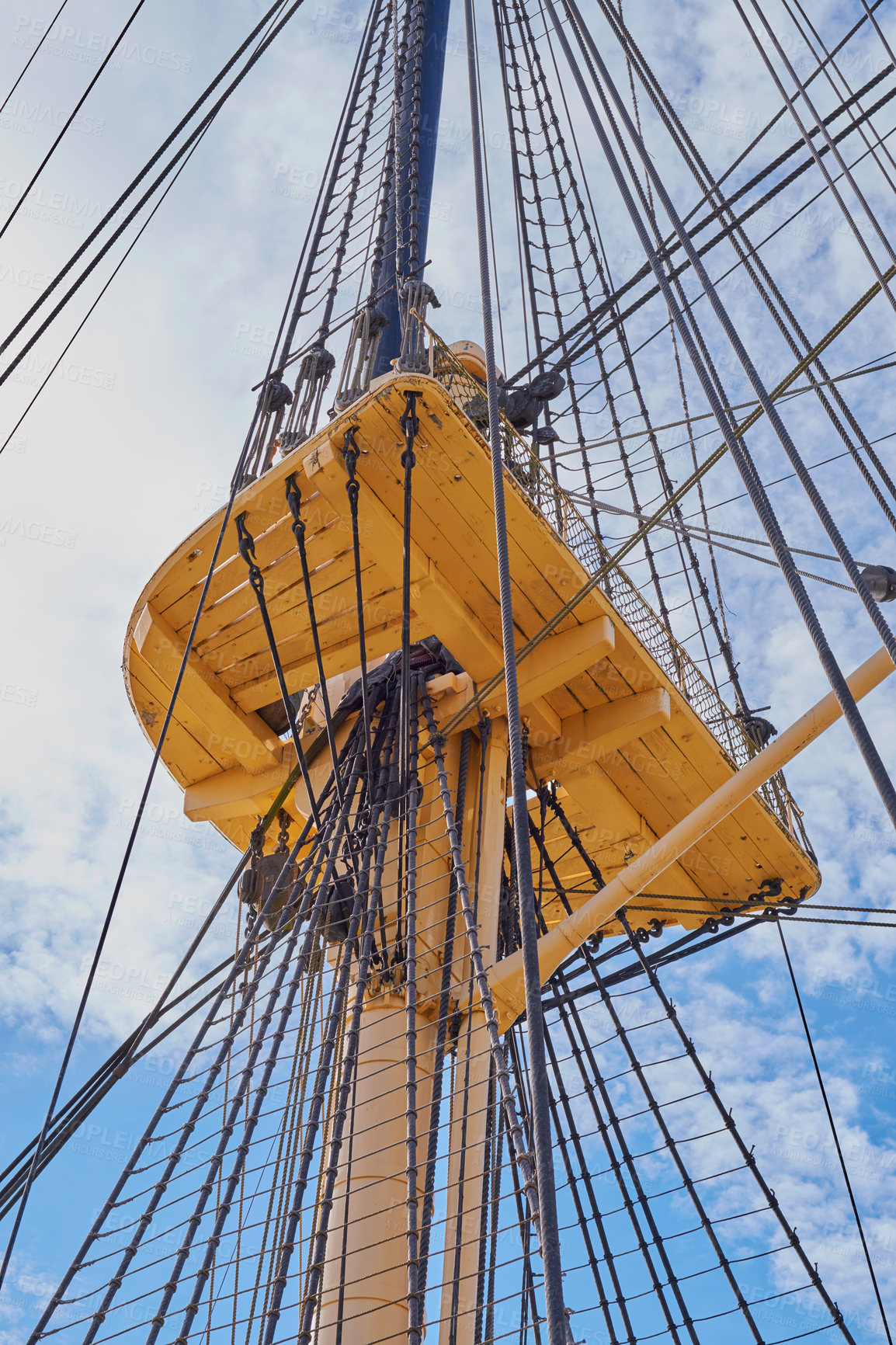 Buy stock photo Blue sky, history and rope with mast of ship outdoor in nature from below for Danish heritage. Adventure, engineering and travel with flagpole on sail boat for journey, holiday or vacation at sea