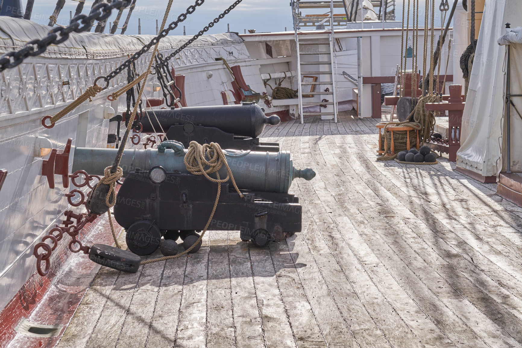 Buy stock photo Museum, ship and cannon on deck for travel, sightseeing and landmark vessel in Denmark. Sailboat, history and architecture with war gun for tourist attraction, exhibition and transportation on ocean