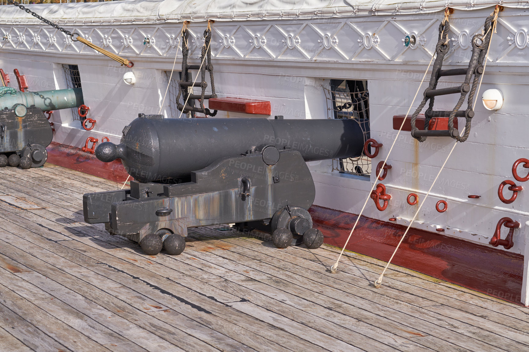 Buy stock photo Museum, boat and cannon on deck for travel, sightseeing and landmark vessel in Denmark. Ship, history and architecture with war gun for tourist attraction, exhibition and transportation on ocean