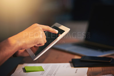 Buy stock photo Business person, hands and night with tablet for research, browsing or UI interaction at office. Closeup, employee or user working late with touch or technology for UX, software or app at workplace