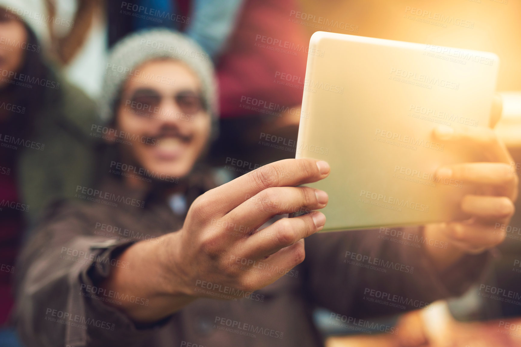 Buy stock photo Selfie, hands and group of friends with tablet outdoor on vacation, getaway or adventure together. Digital technology, travel and people with photography picture for memory on holiday or weekend trip