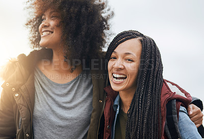 Buy stock photo Friends, happy and portrait outdoor for bonding, travel and vacation together with hug, love and fun. Women, smile and support for weekend trip, connection and holiday with embrace, summer and relax