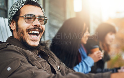 Buy stock photo Portrait of a group of friends relaxing on the porch of a fishing cabin on a weekend getaway