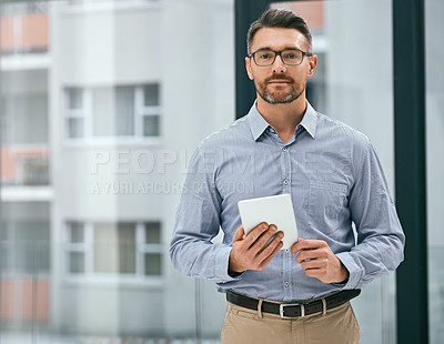 Buy stock photo Businessman, mature and portrait by window with tablet for communication, reading news and check email. Male manager, tech and internet connection in workplace for social media, research and text app