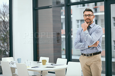 Buy stock photo Business man, portrait and thinking in modern office for decision, planning and management. Project manager, idea and vision in workplace for development, company budget and brainstorming resources