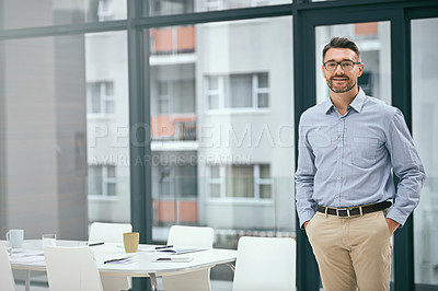 Buy stock photo Businessman, portrait and confident in modern office for decision, planning and management. Project manager, idea and professional in workplace for kpi, company budget and brainstorming resources