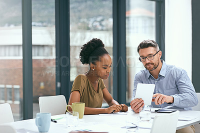 Buy stock photo Teamwork, ideas and employees with a tablet, brainstorming and online reading with social media. Staff, black woman or man with technology, email and meeting with collaboration, talking or innovation