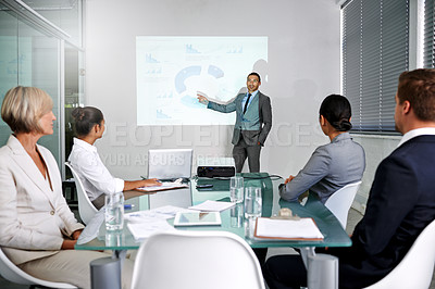 Buy stock photo Presentation, business people and speaker with projector screen, portrait with planning meeting and info in conference room. Data analysis, statistics and research for corporate project with team