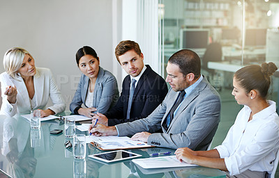 Buy stock photo Corporate group in business meeting, team discussion in conference room with diversity in workplace. Men, women and professional planning with conversation, collaboration and analytics paperwork