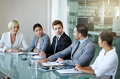 Buy stock photo People in a business meeting, teamwork and discussion in conference room with diversity in corporate group. Men, women and project planning with conversation, paperwork and collaboration in workplace