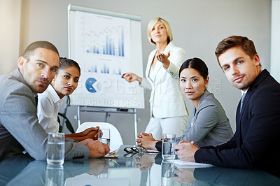 Buy stock photo Presentation, graphs on whiteboard with team and question from staff with data analytics in business meeting. 
FAQ on research in seminar in conference room with corporate people in collaboration 