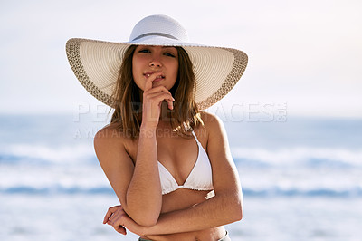 Buy stock photo Travel, smile and portrait of woman at beach for summer vacation, confidence and adventure in Miami. Happy, outdoor and relax by ocean with hat for weekend trip, tourism and sunshine on holiday