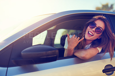 Buy stock photo Woman, shaka and car by window in summer for travel, journey and vacation with sunglasses. Girl, happy and vehicle for road trip, holiday and adventure in San Francisco with sign, gesture or smile