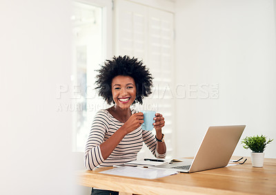 Buy stock photo Black woman, portrait and laptop or coffee for remote work, paperwork and planning for startup. Female person, drinking tea and confident for online research or documents for company, home and web