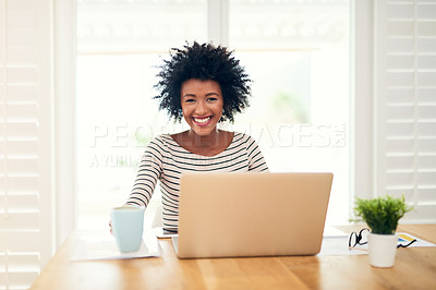 Buy stock photo African woman, smile and portrait with coffee, laptop and notebook in apartment for planning and email. Happy, face and online course for learning, reading and social media for and work from home