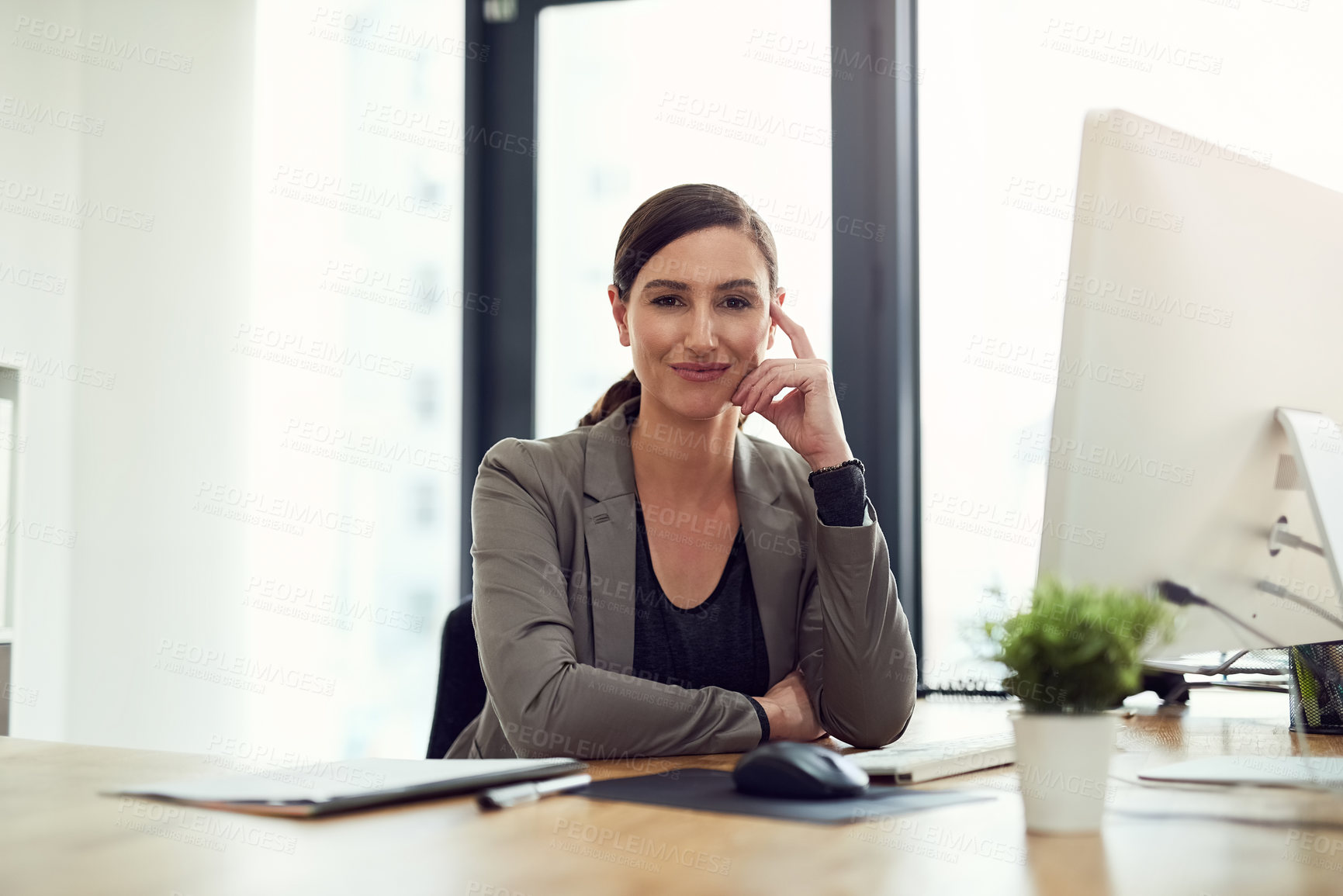 Buy stock photo Computer, thinking and portrait of business woman with idea, planning or inspiration in office. Face, financial consultant and professional entrepreneur, employee and worker in Germany for career