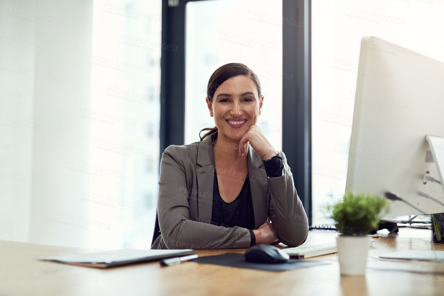 Buy stock photo Computer, smile and portrait of business woman in office for career or corporate job in Spain. Face, financial consultant and smile of confident professional entrepreneur, employee and expert at work