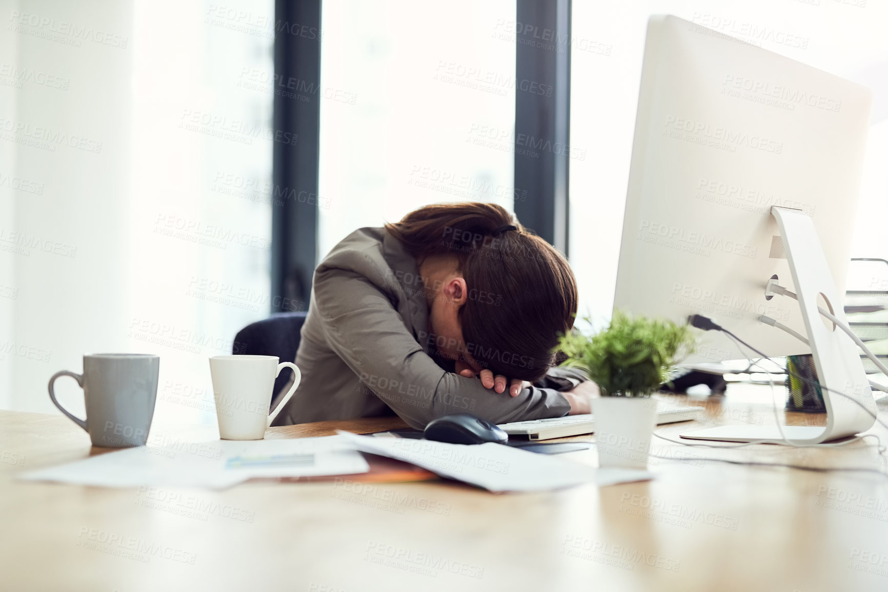 Buy stock photo Woman, employee and sleeping on computer in office for internet  or online error with research for ideas. Female person, tired and burnout with stress from deadline, project and paper as copy writer