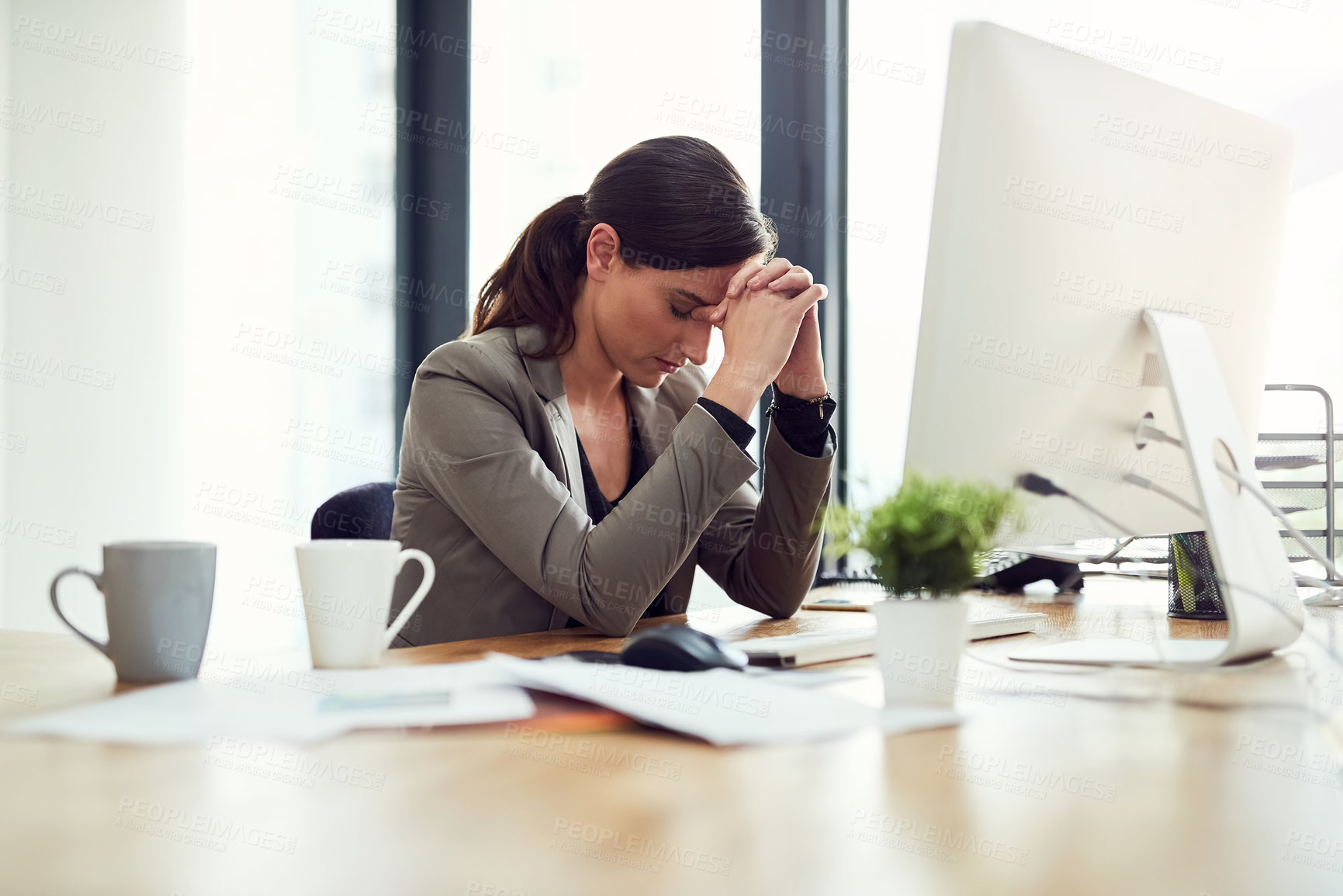 Buy stock photo Woman, employee and burnout on computer in office for internet  or online error with research for ideas. Female person, tired and stress or exhausted from deadline, project and paper as copy writer