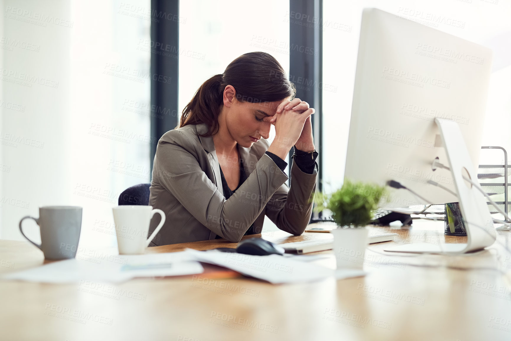 Buy stock photo Woman, employee and burnout on computer in office for internet or online error with research for ideas. Female person, tired and stress or exhausted from deadline, project and paper as copywriter