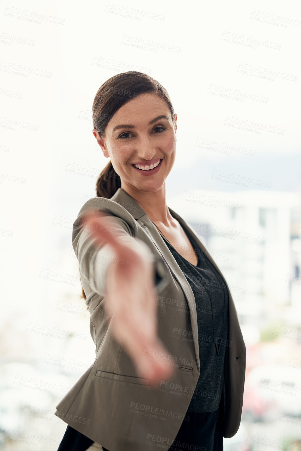 Buy stock photo Business woman, open hand and greeting for handshake, deal and partnership or collaboration. Human resources, welcome and interview thank you for recruitment, onboarding and hiring for work employee