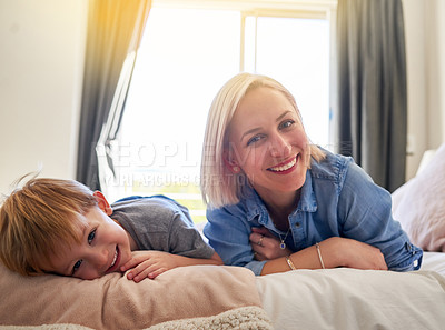 Buy stock photo Portrait of a mother and son spending some quality time together at home