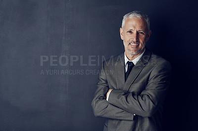 Buy stock photo Smile, confidence and portrait of lawyer in mockup, arms crossed and smile on dark background in studio space. Boss, ceo and happy attorney with happy professional career, senior law firm executive.