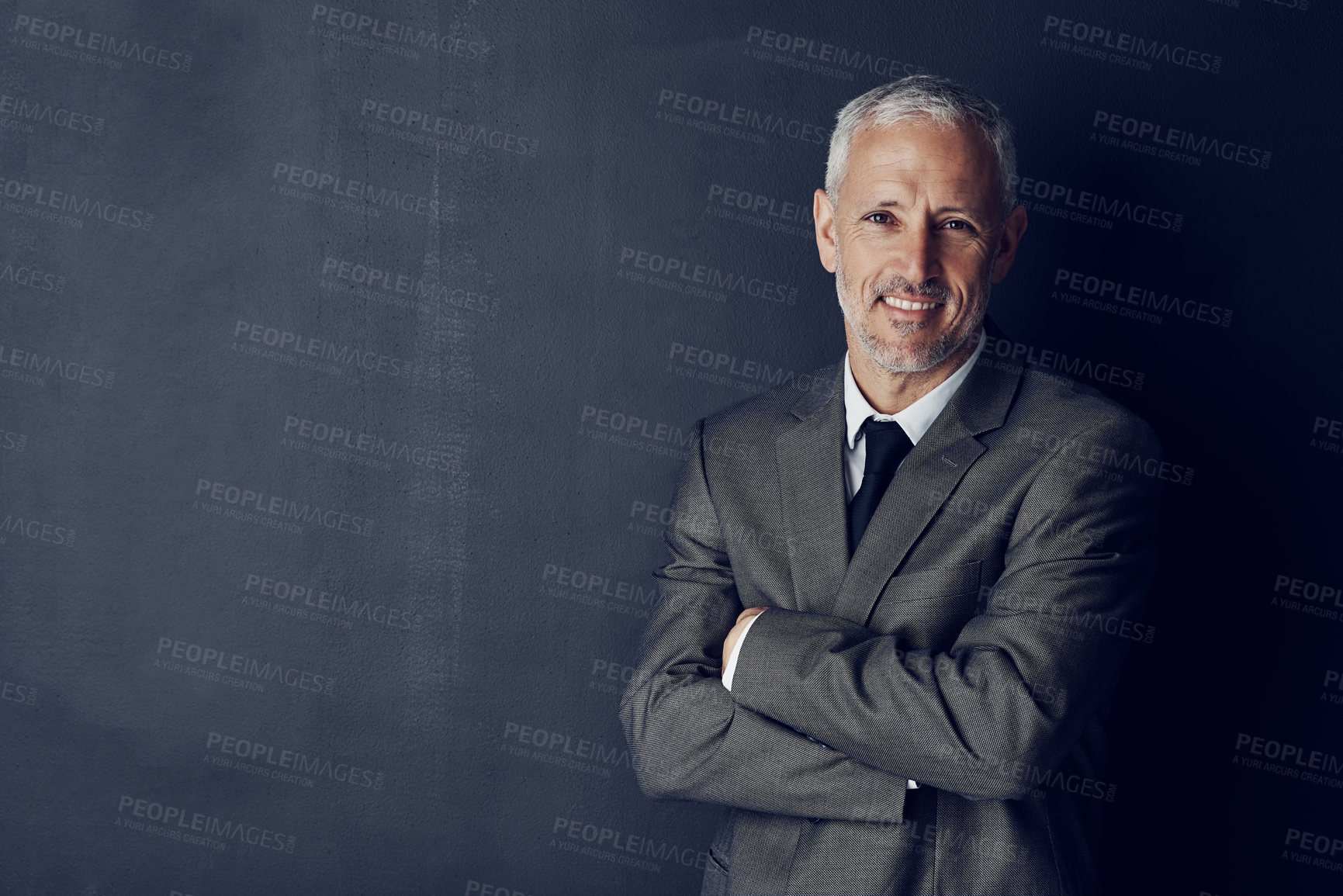 Buy stock photo Smile, confidence and portrait of lawyer in mockup, arms crossed and smile on dark background in studio space. Boss, ceo and happy attorney with happy professional career, senior law firm executive.