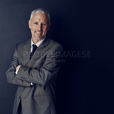 Buy stock photo Smile, confidence and portrait of businessman in mockup, arms crossed and pride on dark background. Boss, ceo and  happy business owner with professional career, senior model in suit in executive job