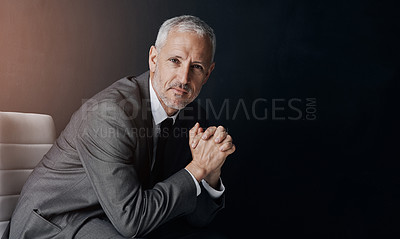 Buy stock photo Mockup, chair and portrait of businessman, lawyer or attorney, confidence on dark background and studio space. Boss, ceo and professional business owner, proud senior executive director at law firm.