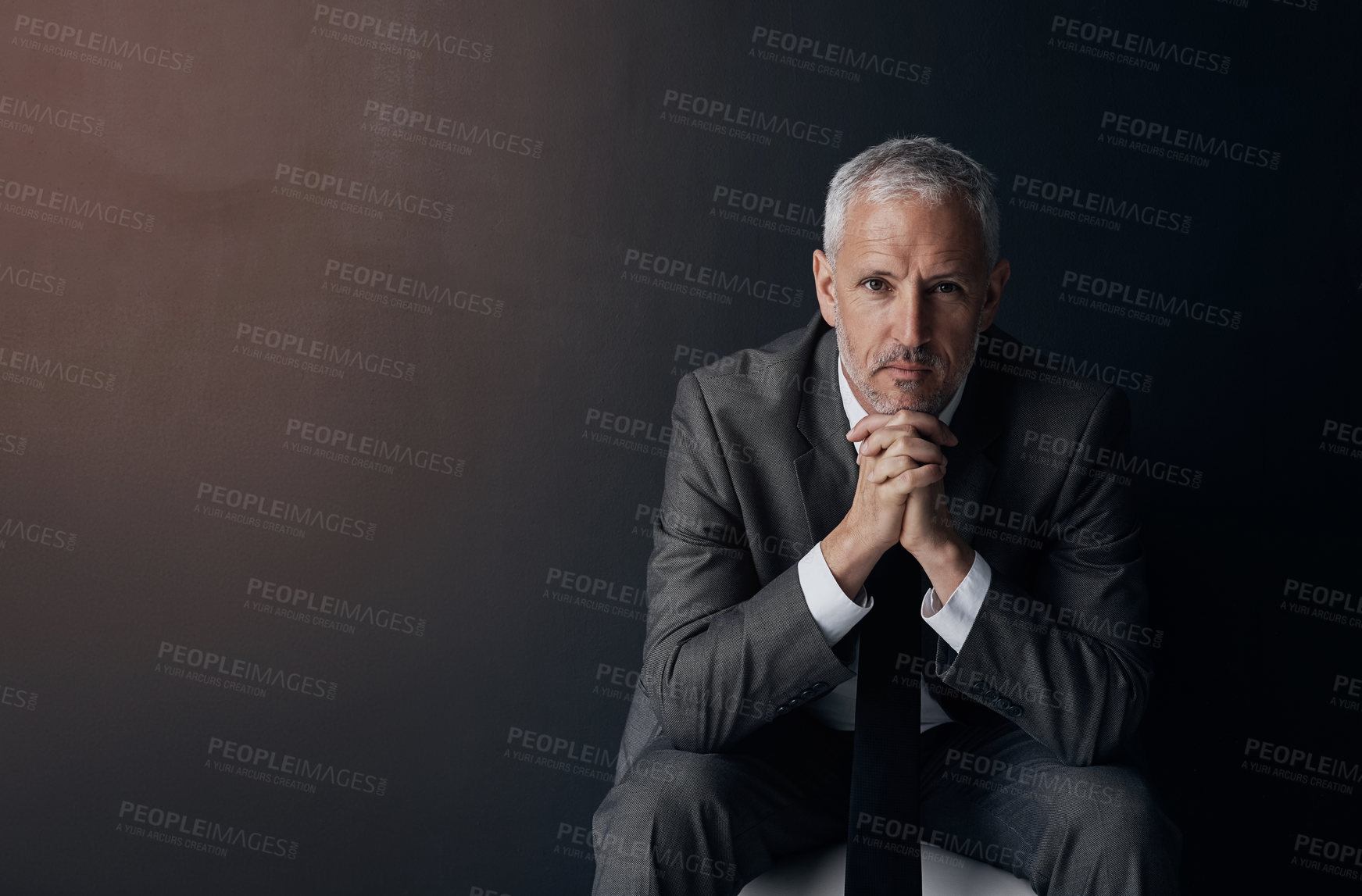 Buy stock photo Mockup, chair and portrait of serious businessman, lawyer or attorney with confidence on dark background and studio space. Boss, ceo and professional business owner, proud senior director at law firm