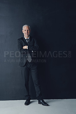 Buy stock photo Arms crossed, smile and portrait of business man in studio for professional, corporate or manager. Boss, pride and confidence with senior male ceo on black background for executive and mockup space