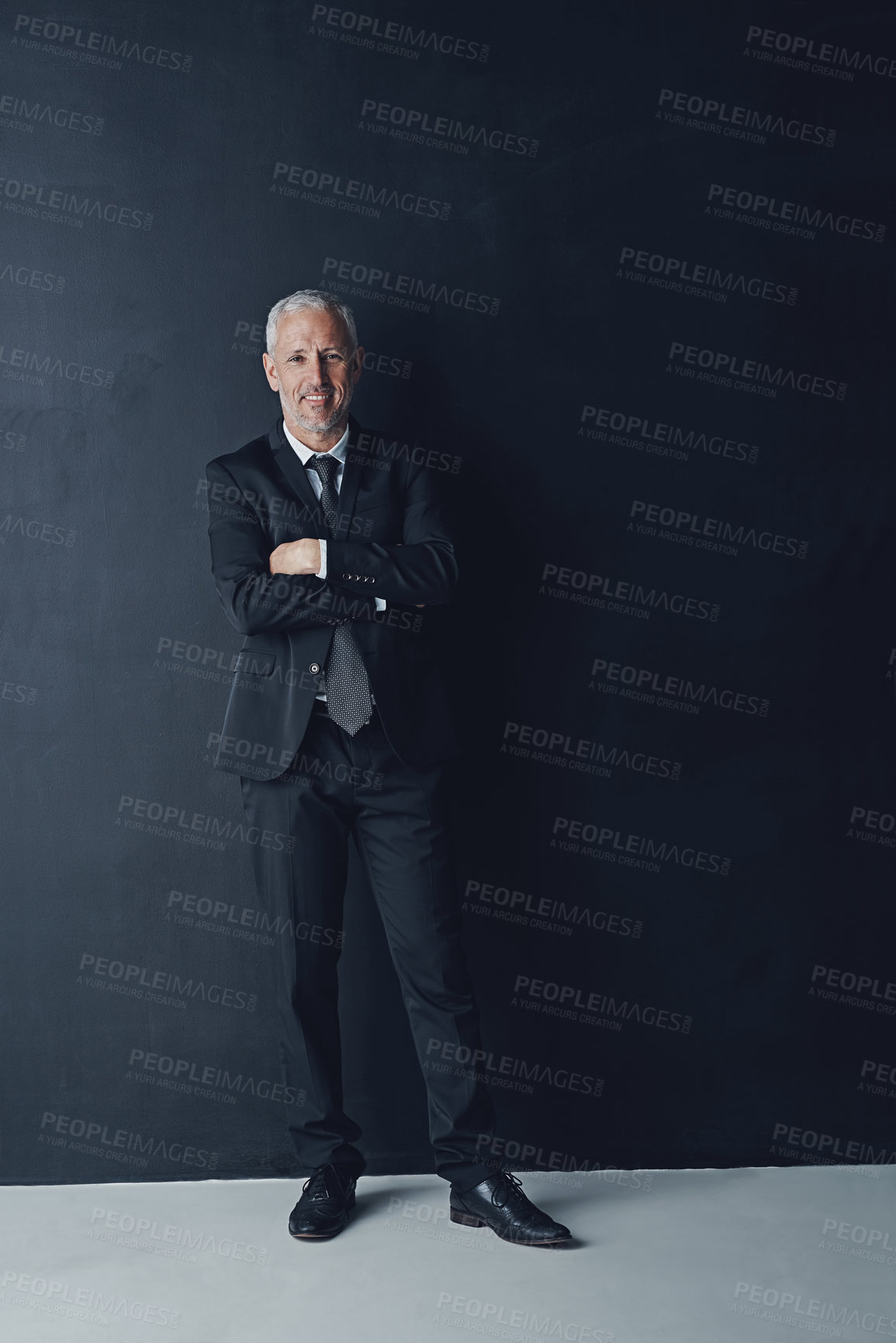 Buy stock photo Arms crossed, smile and portrait of business man in studio for professional, corporate or manager. Boss, pride and confidence with senior male ceo on black background for executive and mockup space