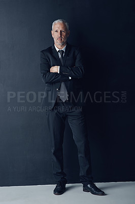 Buy stock photo Arms crossed, senior and thinking with business man in studio for professional, corporate or manager. Boss, pride and confidence with male ceo on black background for executive and mockup space
